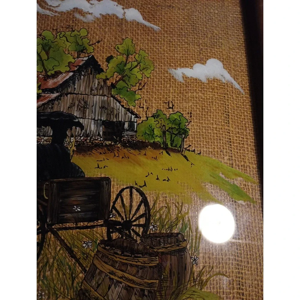 Vintage Rustic Hand Painted 1987 Folk Art with Old Wood Frame‎ Wall Hanging